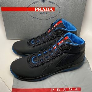 Prada LOGO Mesh Nero Leather High Top Sneakers NIB